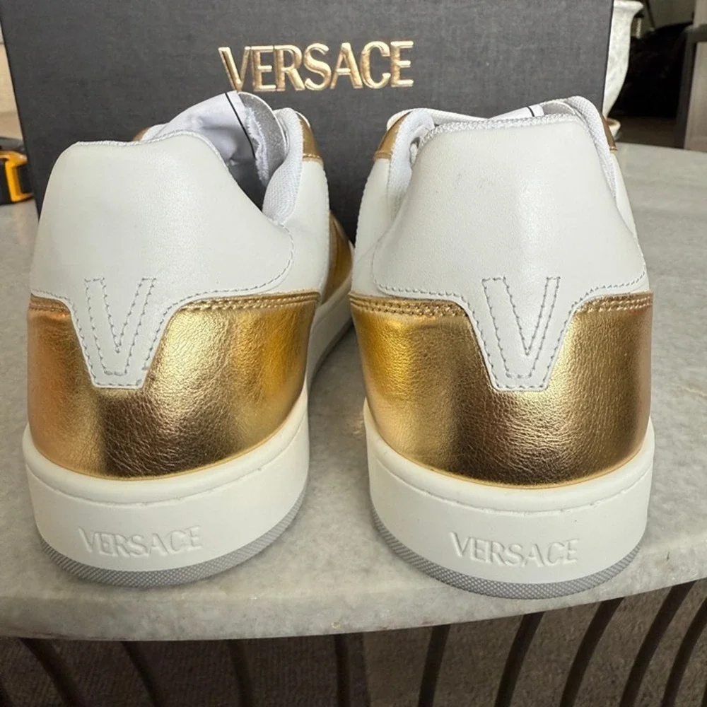 Versace Medusa Gold/White Leather Women's Sneaker‎ Shoe, 1014316, sz 36.5